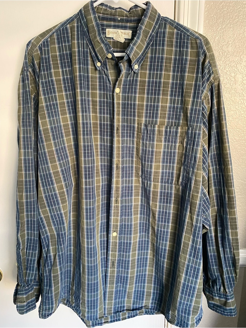 Vintage 90s Banana Republic Blue Olive Plaid Long Sleeve Button Down Shirt XL